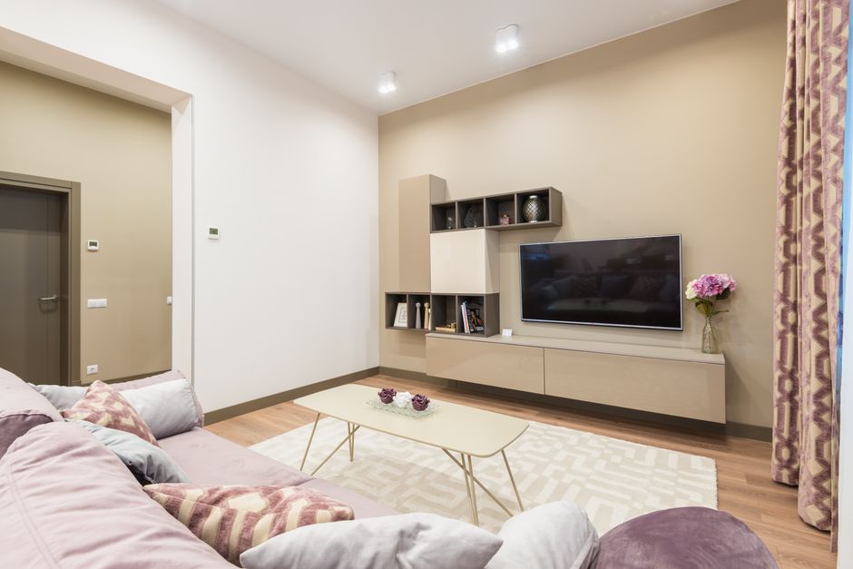 Interior of cozy living room with soft couch placed in front of modern TV set and minimalist cupboard